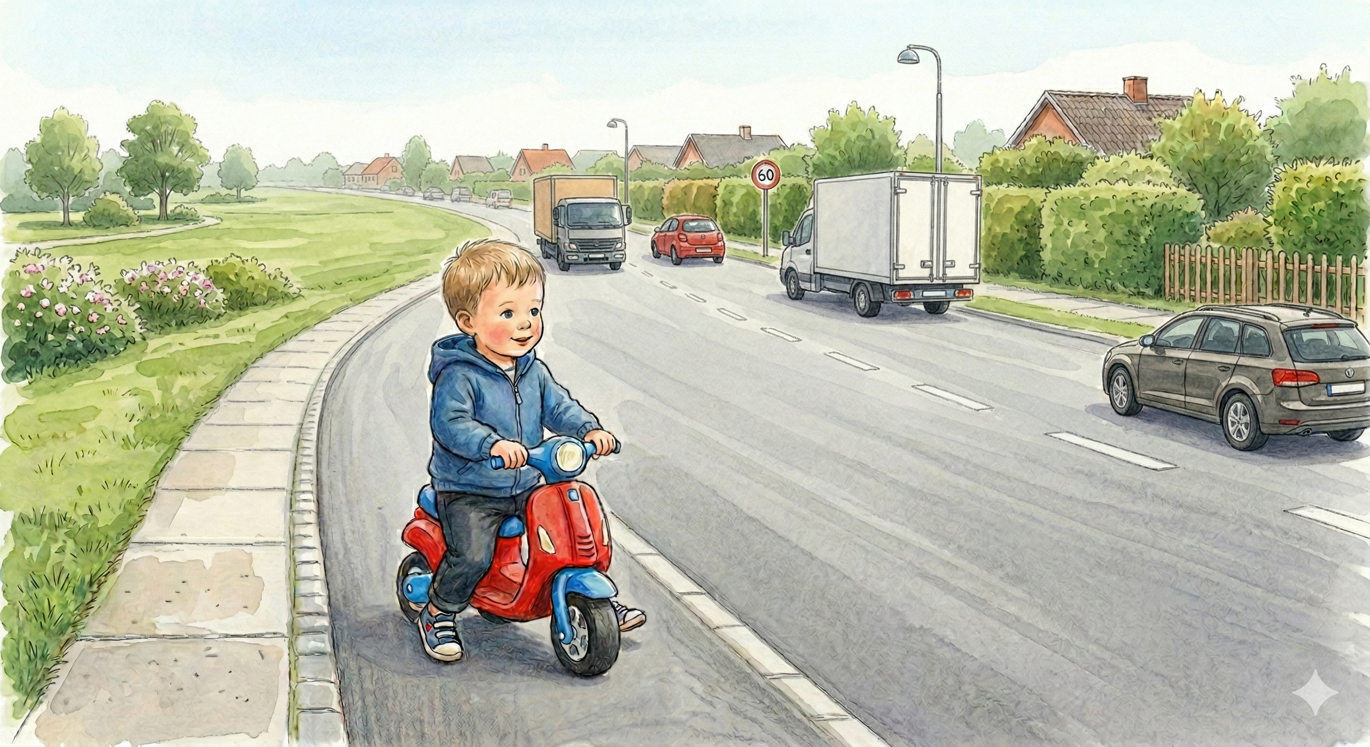 En lille rød og blå løbecykel eller scooter, der står alene nær en vej i skumringen, som symbol på historien om den vildfarne dreng.
